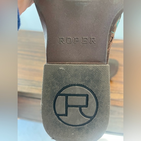 Roper, kids 3, brown leather with blue accents square toe cowboy western boot - Picture 4 of 8